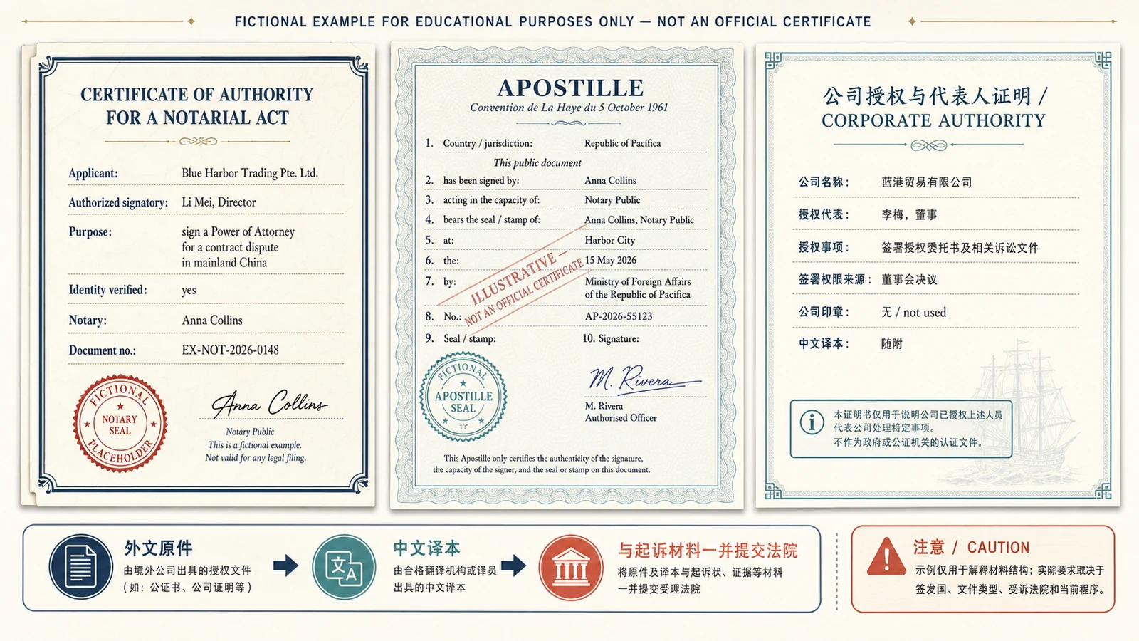 Anonymized illustrative document packet showing authority, Apostille fields and Chinese translation
