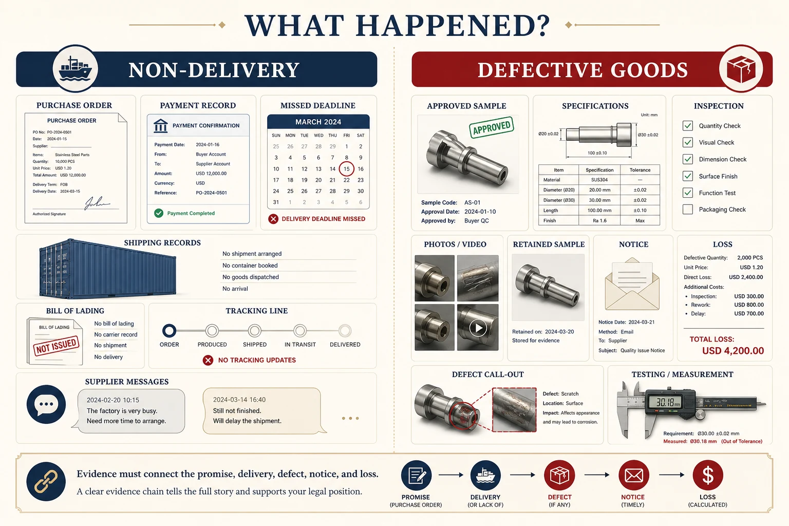 Evidence comparison for non-delivery and defective-goods disputes