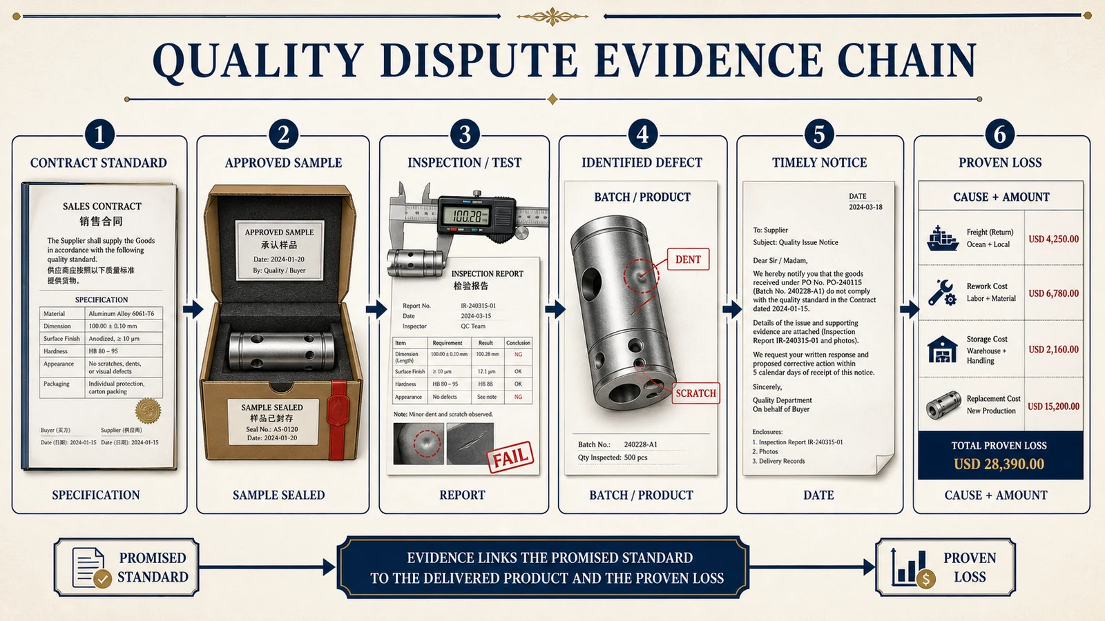 Quality dispute evidence chain from contract standard to proven loss